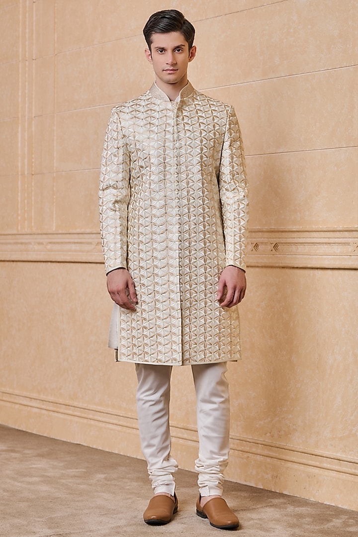 Ivory Viscose & Polyester Embroidered Wedding Sherwani Set by TASVA at Pernia's Pop Up Shop