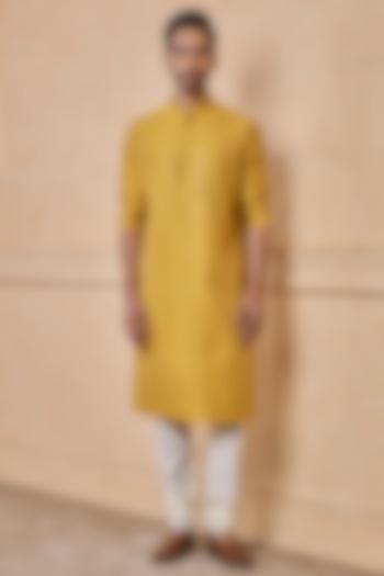 Yellow Viscose & Polyester Mirror Embroidered Kurta Set by TASVA