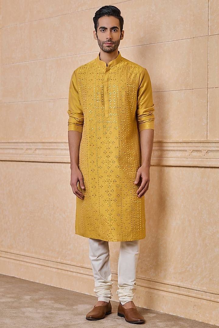 Yellow Viscose & Polyester Mirror Embroidered Kurta Set by TASVA