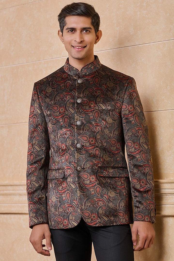 Brown Polyester Bandhgala Jacket by TASVA