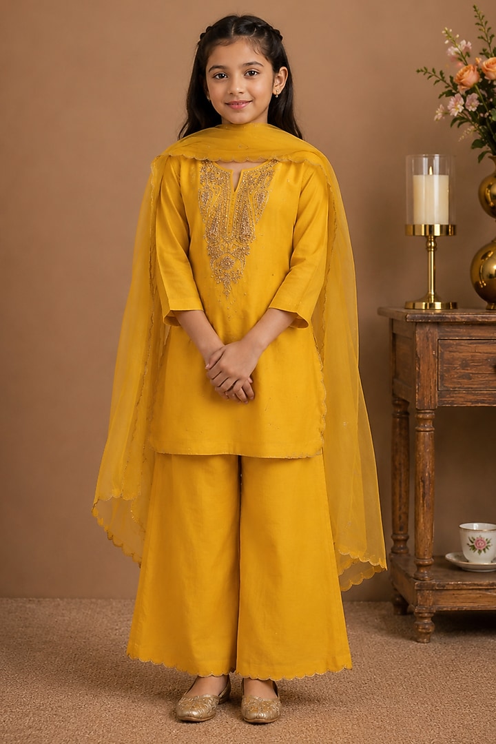 Mustard Yellow Silk Cotton Embroidered Kurta Set For Girls by Tatwa Kids at Pernia's Pop Up Shop