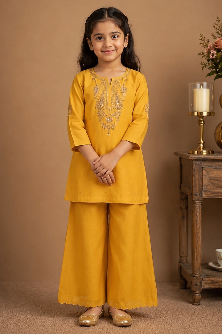 Mustard Yellow Silk Cotton Embroidered Kurta Set For Girls by Tatwa Kids at Pernia's Pop Up Shop