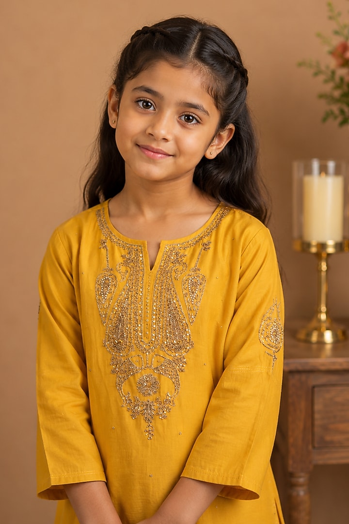 Mustard Yellow Silk Cotton Embroidered Kurta Set For Girls by Tatwa Kids at Pernia's Pop Up Shop