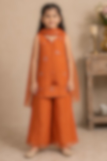 Rust Orange Silk Cotton Embroidered Kurta Set For Girls by Tatwa Kids at Pernia's Pop Up Shop