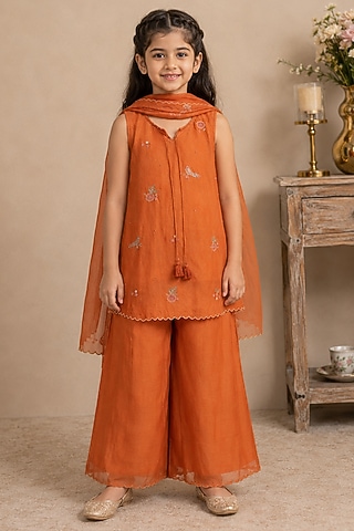 Rust Orange Silk Cotton Embroidered Kurta Set For Girls by Tatwa Kids
