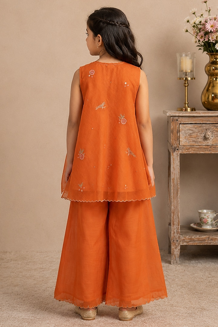Rust Orange Silk Cotton Embroidered Kurta Set For Girls by Tatwa Kids at Pernia's Pop Up Shop