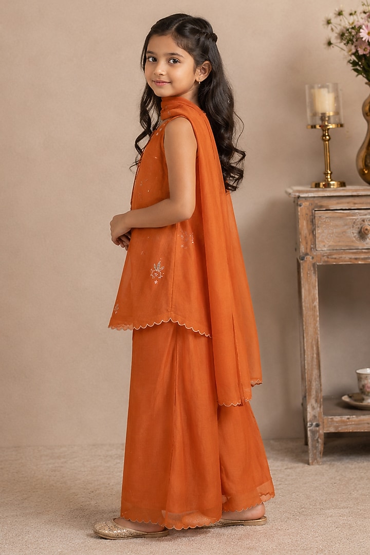 Rust Orange Silk Cotton Embroidered Kurta Set For Girls by Tatwa Kids at Pernia's Pop Up Shop