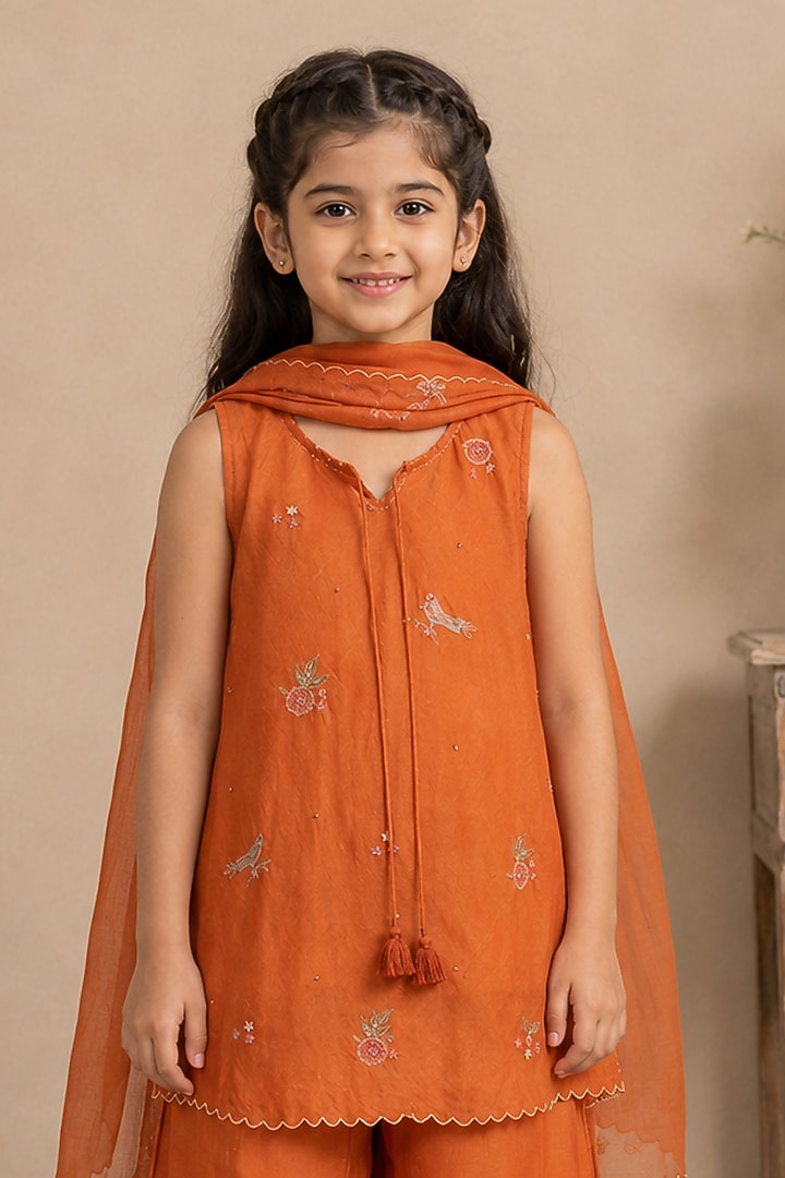 Rust Orange Silk Cotton Embroidered Kurta Set For Girls by Tatwa Kids at Pernia's Pop Up Shop