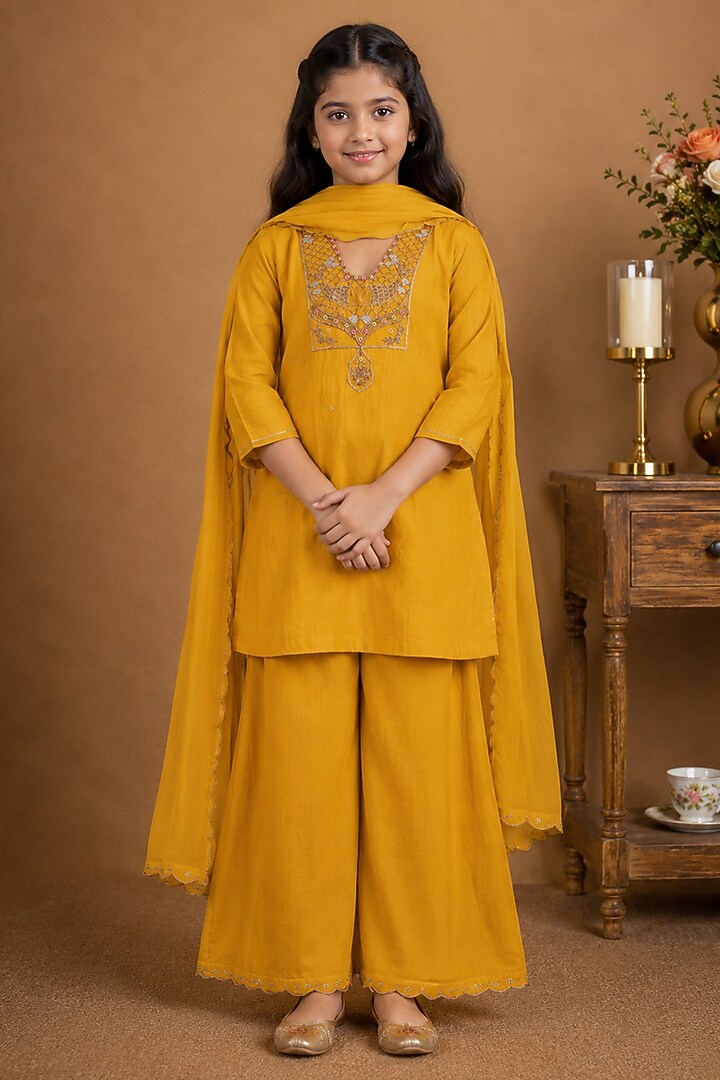 Mustard Yellow Silk Cotton Embroidered Kurta Set For Girls by Tatwa Kids at Pernia's Pop Up Shop