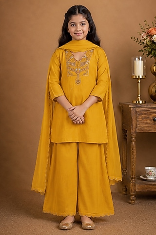 Mustard Yellow Silk Cotton Embroidered Kurta Set For Girls by Tatwa Kids