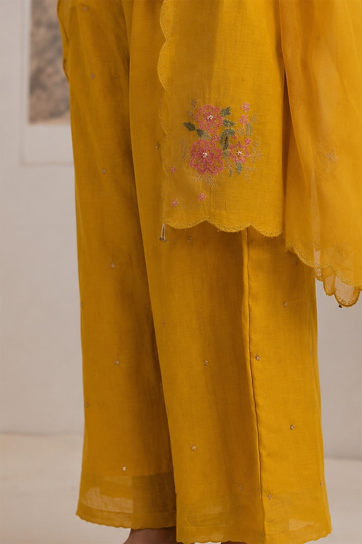 Mustard Yellow Silk Cotton Embroidered Kurta Set For Girls by Tatwa Kids at Pernia's Pop Up Shop
