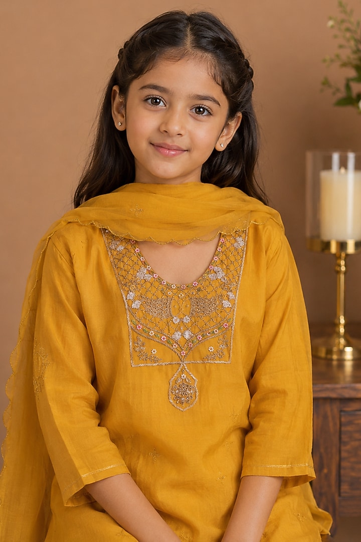 Mustard Yellow Silk Cotton Embroidered Kurta Set For Girls by Tatwa Kids at Pernia's Pop Up Shop