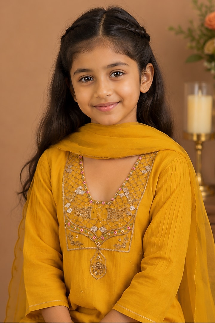 Mustard Yellow Silk Cotton Embroidered Kurta Set For Girls by Tatwa Kids at Pernia's Pop Up Shop