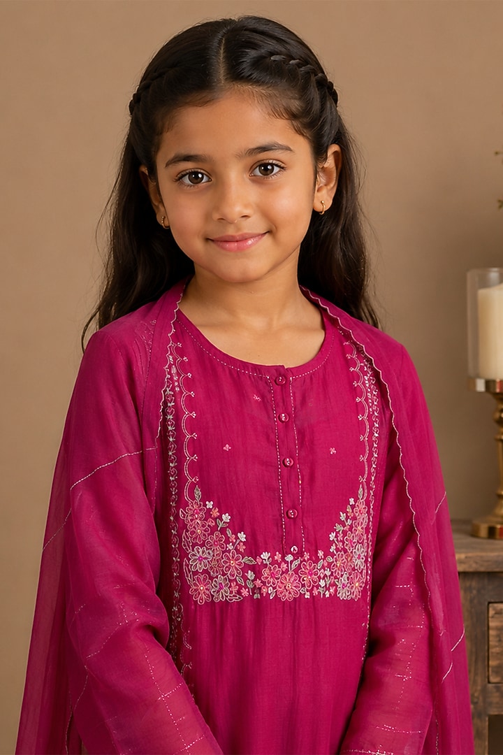 Rani Pink Silk Cotton Embroidered Kurta Set For Girls by Tatwa Kids at Pernia's Pop Up Shop