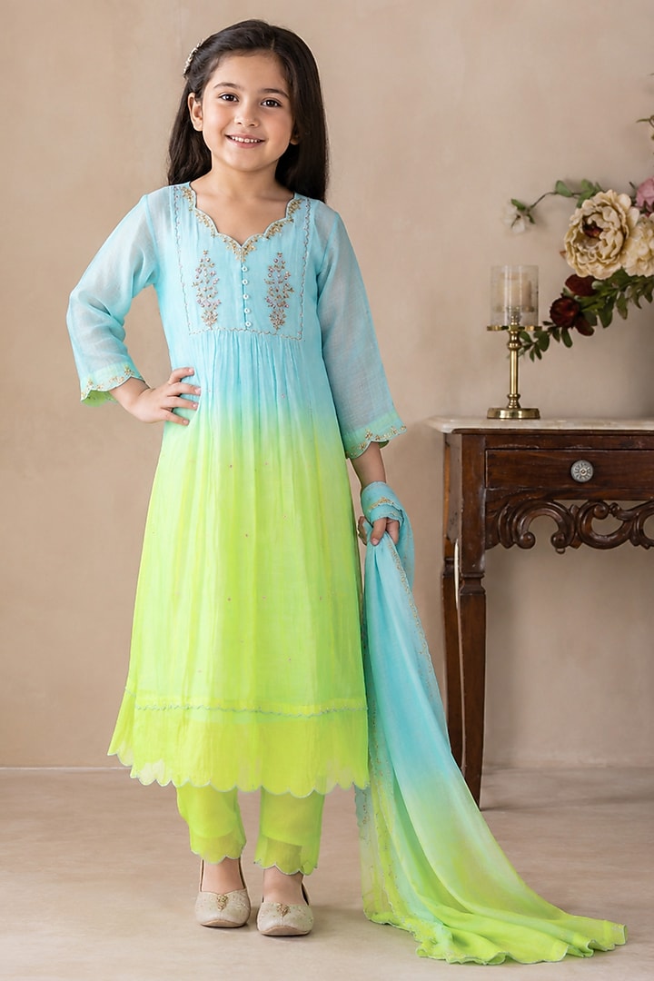 Teal & Neon Green Ombre Silk Cotton Hand Embroidered Kurta Set For Girls by Tatwa Kids at Pernia's Pop Up Shop
