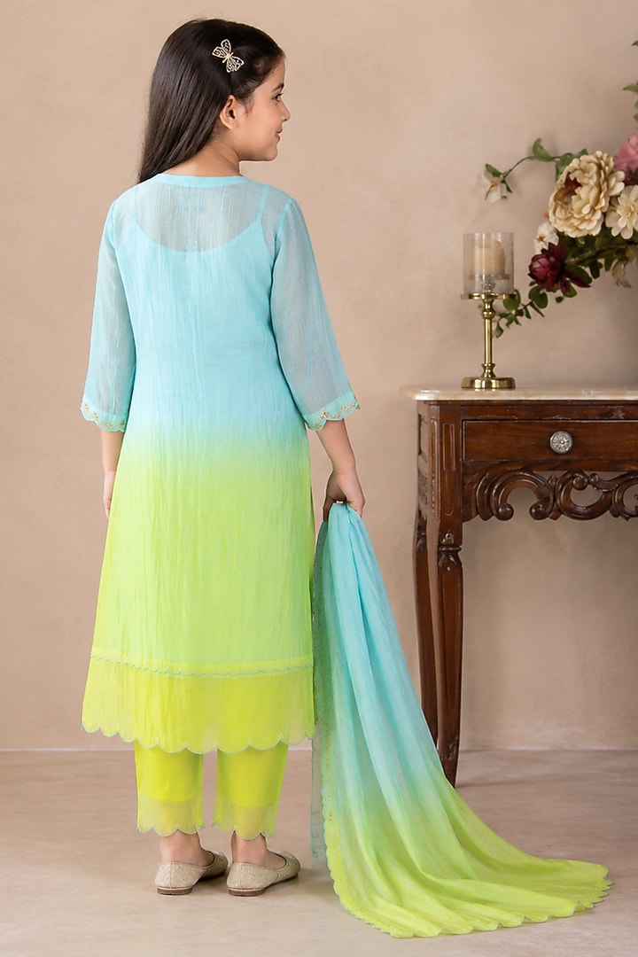 Teal & Neon Green Ombre Silk Cotton Hand Embroidered Kurta Set For Girls by Tatwa Kids at Pernia's Pop Up Shop