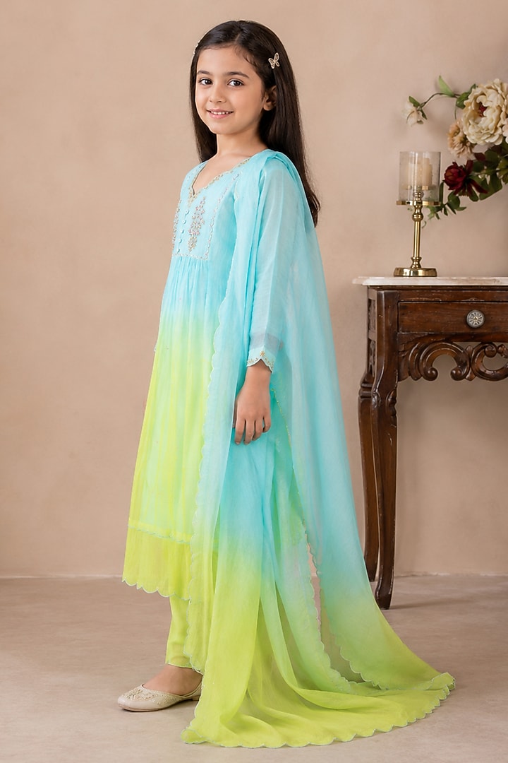 Teal & Neon Green Ombre Silk Cotton Hand Embroidered Kurta Set For Girls by Tatwa Kids at Pernia's Pop Up Shop