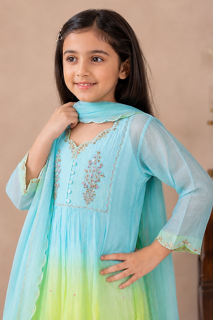 Teal & Neon Green Ombre Silk Cotton Hand Embroidered Kurta Set For Girls by Tatwa Kids at Pernia's Pop Up Shop