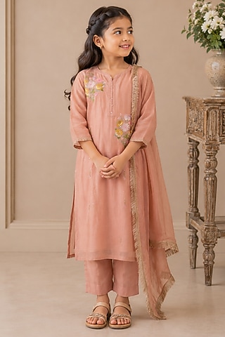 Peach Silk Cotton Embroidered Kurta Set For Girls by Tatwa Kids