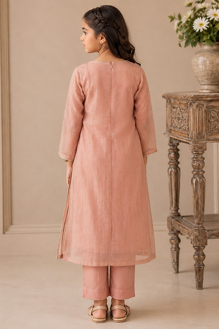 Peach Silk Cotton Embroidered Kurta Set For Girls by Tatwa Kids at Pernia's Pop Up Shop