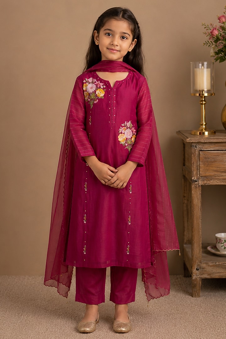 Rani Pink Silk Cotton Embroidered Kurta Set For Girls by Tatwa Kids at Pernia's Pop Up Shop