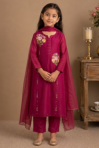 Rani Pink Silk Cotton Embroidered Kurta Set For Girls by Tatwa Kids