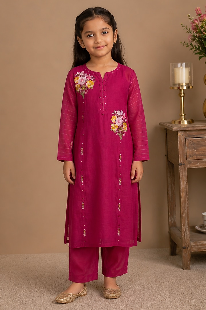Rani Pink Silk Cotton Embroidered Kurta Set For Girls by Tatwa Kids at Pernia's Pop Up Shop