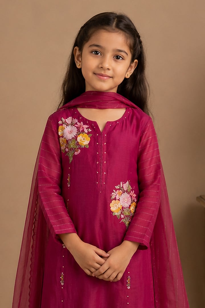 Rani Pink Silk Cotton Embroidered Kurta Set For Girls by Tatwa Kids at Pernia's Pop Up Shop