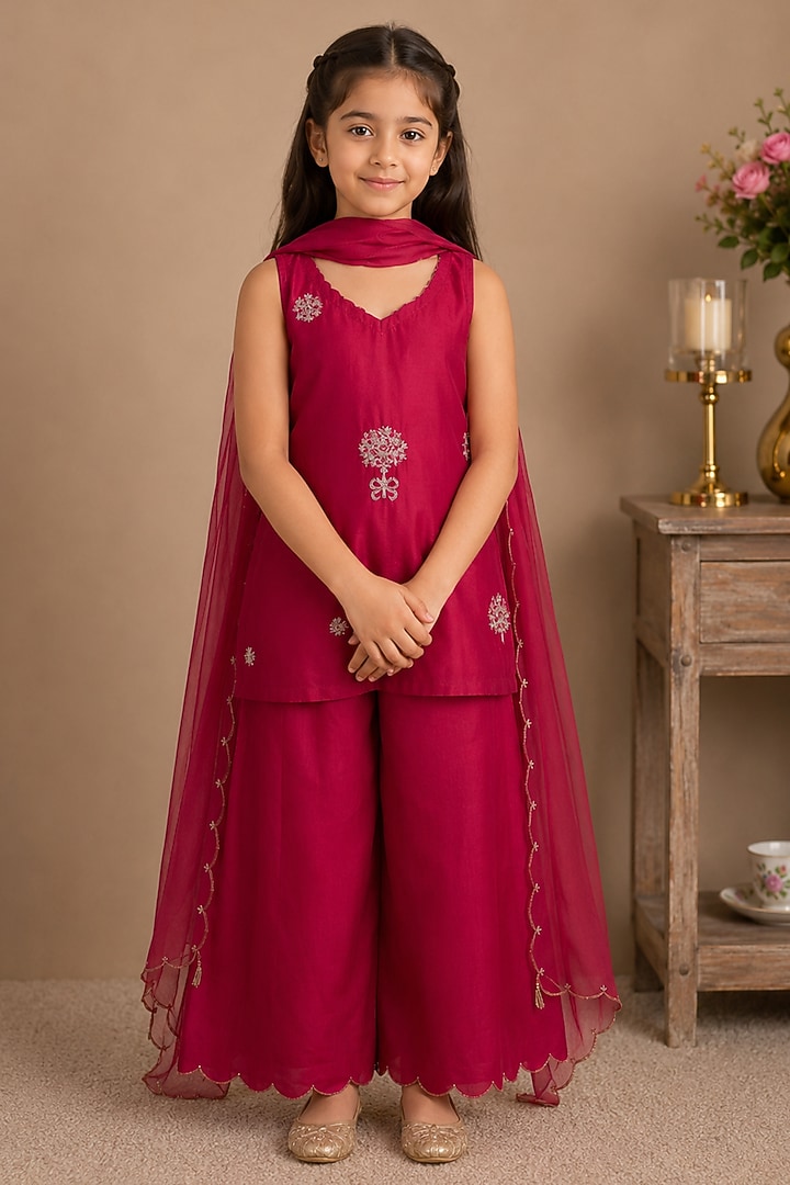Rani Pink Silk Cotton Hand Embroidered Co-Ord Set For Girls by Tatwa Kids at Pernia's Pop Up Shop