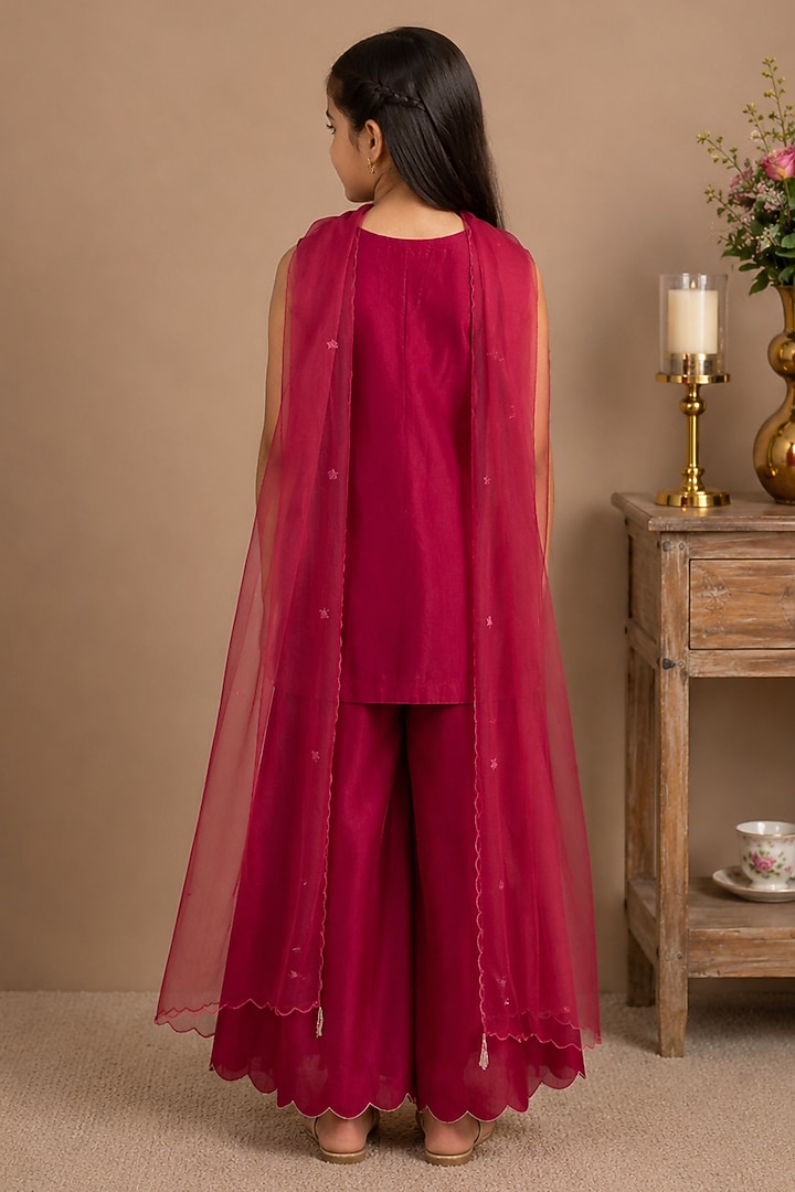 Rani Pink Silk Cotton Hand Embroidered Co-Ord Set For Girls by Tatwa Kids at Pernia's Pop Up Shop