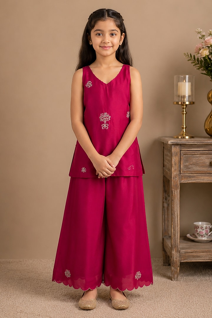 Rani Pink Silk Cotton Hand Embroidered Co-Ord Set For Girls by Tatwa Kids at Pernia's Pop Up Shop