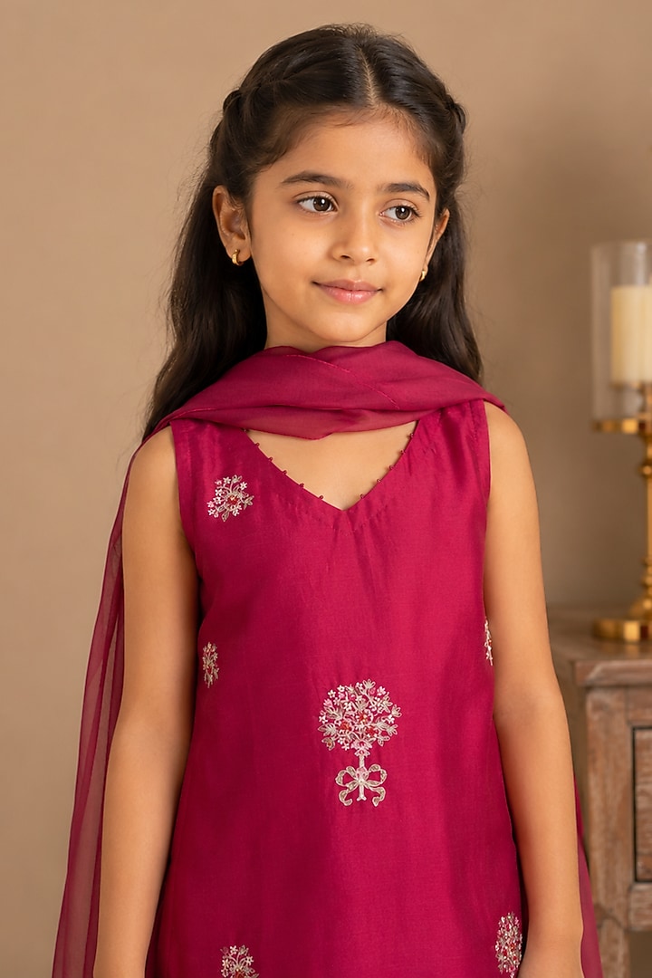 Rani Pink Silk Cotton Hand Embroidered Co-Ord Set For Girls by Tatwa Kids at Pernia's Pop Up Shop
