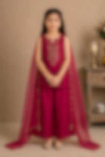 Hot Pink Silk Cotton Hand Embroidered Co-Ord Set For Girls by Tatwa Kids at Pernia's Pop Up Shop