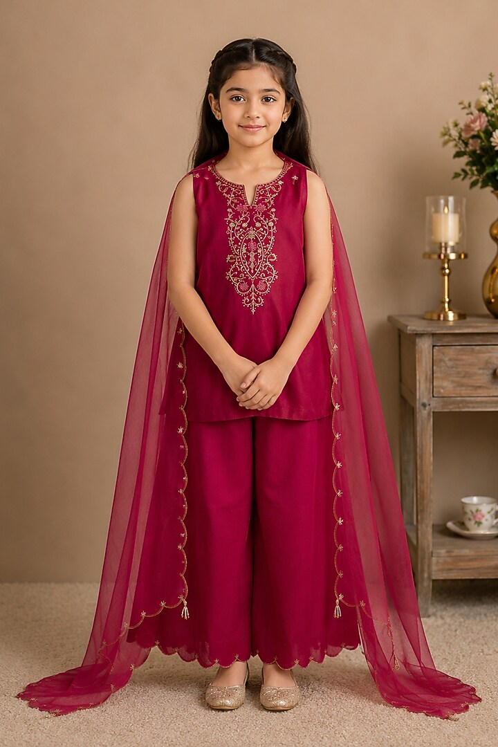 Hot Pink Silk Cotton Hand Embroidered Co-Ord Set For Girls by Tatwa Kids at Pernia's Pop Up Shop