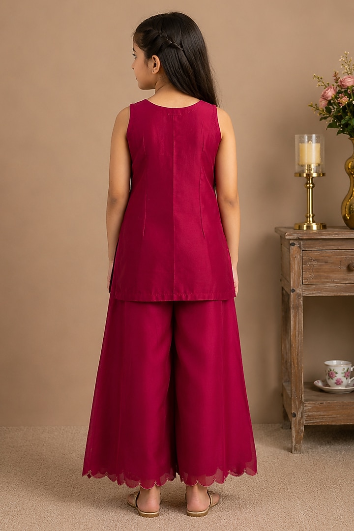 Hot Pink Silk Cotton Hand Embroidered Co-Ord Set For Girls by Tatwa Kids at Pernia's Pop Up Shop