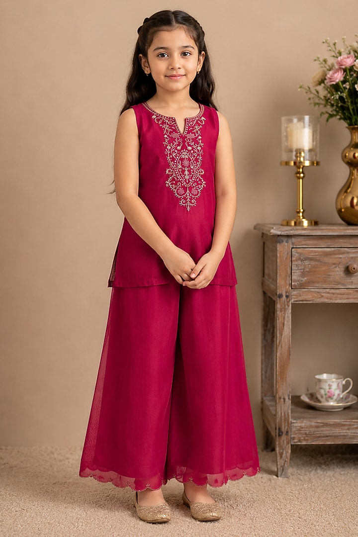 Hot Pink Silk Cotton Hand Embroidered Co-Ord Set For Girls by Tatwa Kids at Pernia's Pop Up Shop