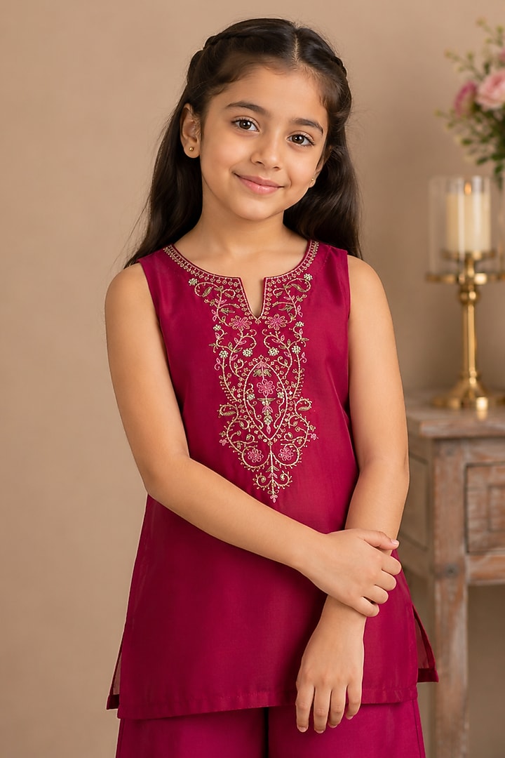Hot Pink Silk Cotton Hand Embroidered Co-Ord Set For Girls by Tatwa Kids at Pernia's Pop Up Shop