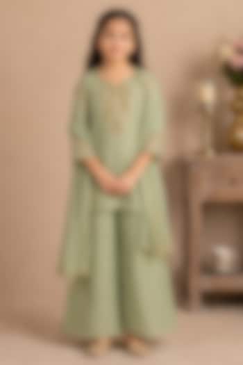 Sea Green Silk Cotton Hand Embroidered Co-Ord Set For Girls by Tatwa Kids at Pernia's Pop Up Shop