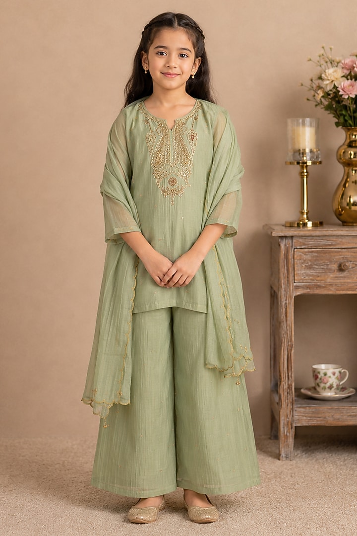 Sea Green Silk Cotton Hand Embroidered Co-Ord Set For Girls by Tatwa Kids at Pernia's Pop Up Shop
