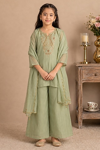 Sea Green Silk Cotton Hand Embroidered Co-Ord Set For Girls by Tatwa Kids