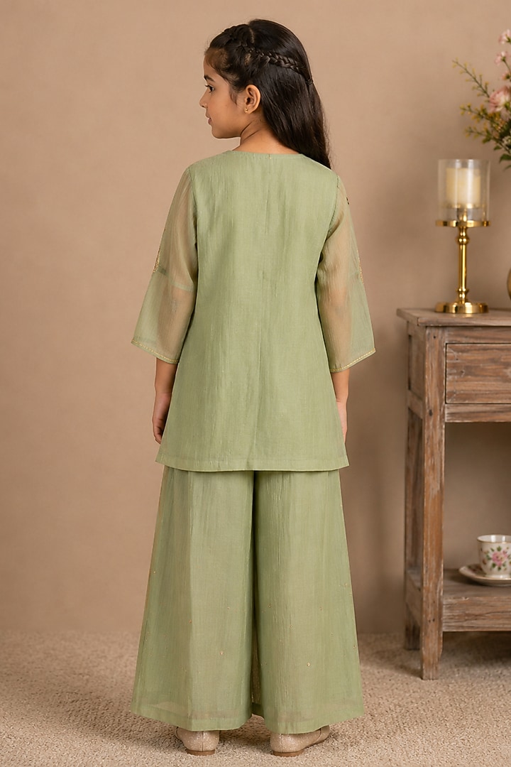 Sea Green Silk Cotton Hand Embroidered Co-Ord Set For Girls by Tatwa Kids at Pernia's Pop Up Shop