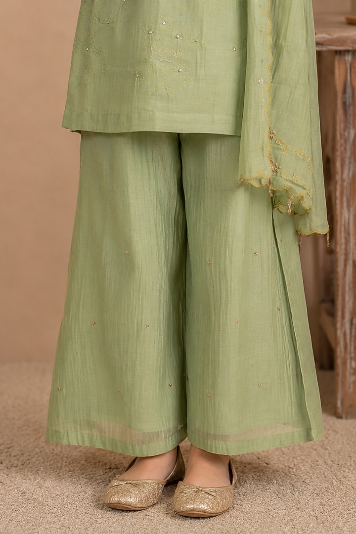 Sea Green Silk Cotton Hand Embroidered Co-Ord Set For Girls by Tatwa Kids at Pernia's Pop Up Shop
