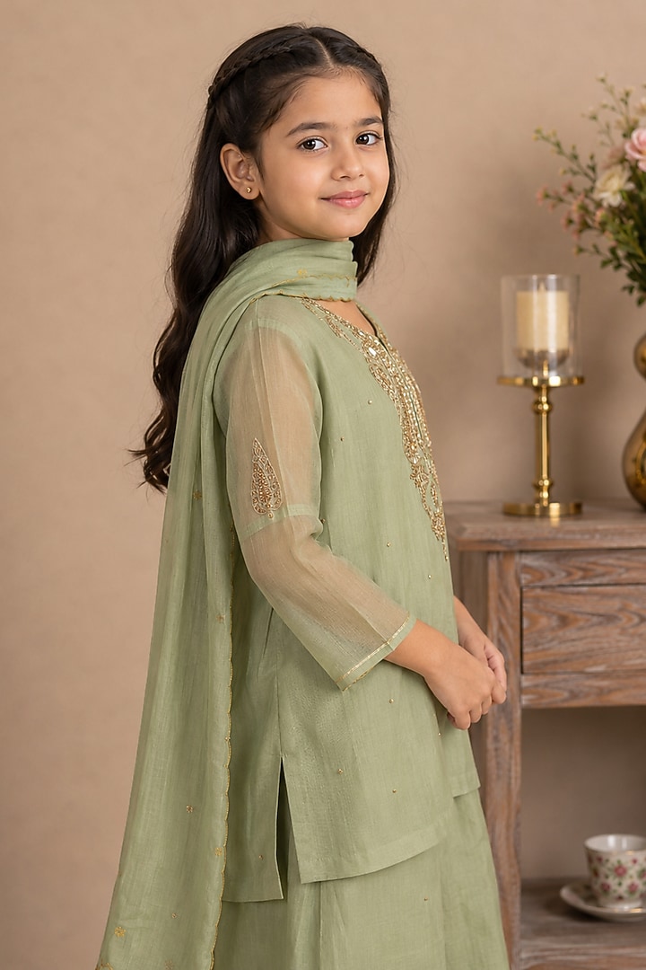Sea Green Silk Cotton Hand Embroidered Co-Ord Set For Girls by Tatwa Kids at Pernia's Pop Up Shop
