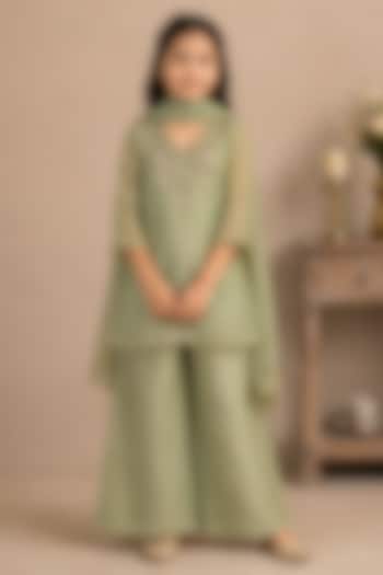 Sea Green Silk Cotton Hand Embroidered Co-Ord Set For Girls by Tatwa Kids at Pernia's Pop Up Shop