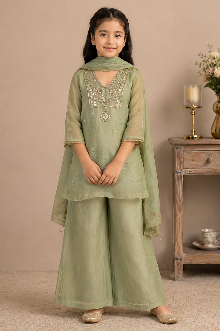 Sea Green Silk Cotton Hand Embroidered Co-Ord Set For Girls by Tatwa Kids at Pernia's Pop Up Shop