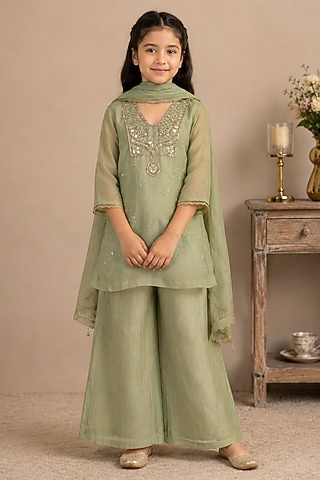 Sea Green Silk Cotton Hand Embroidered Co-Ord Set For Girls by Tatwa Kids