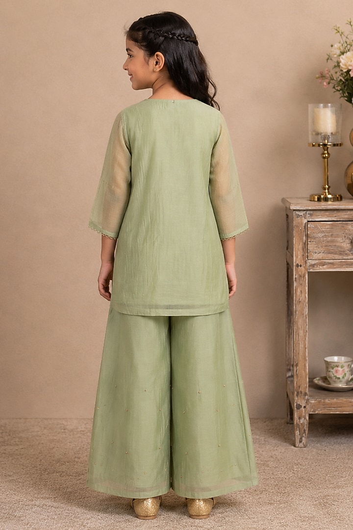 Sea Green Silk Cotton Hand Embroidered Co-Ord Set For Girls by Tatwa Kids at Pernia's Pop Up Shop