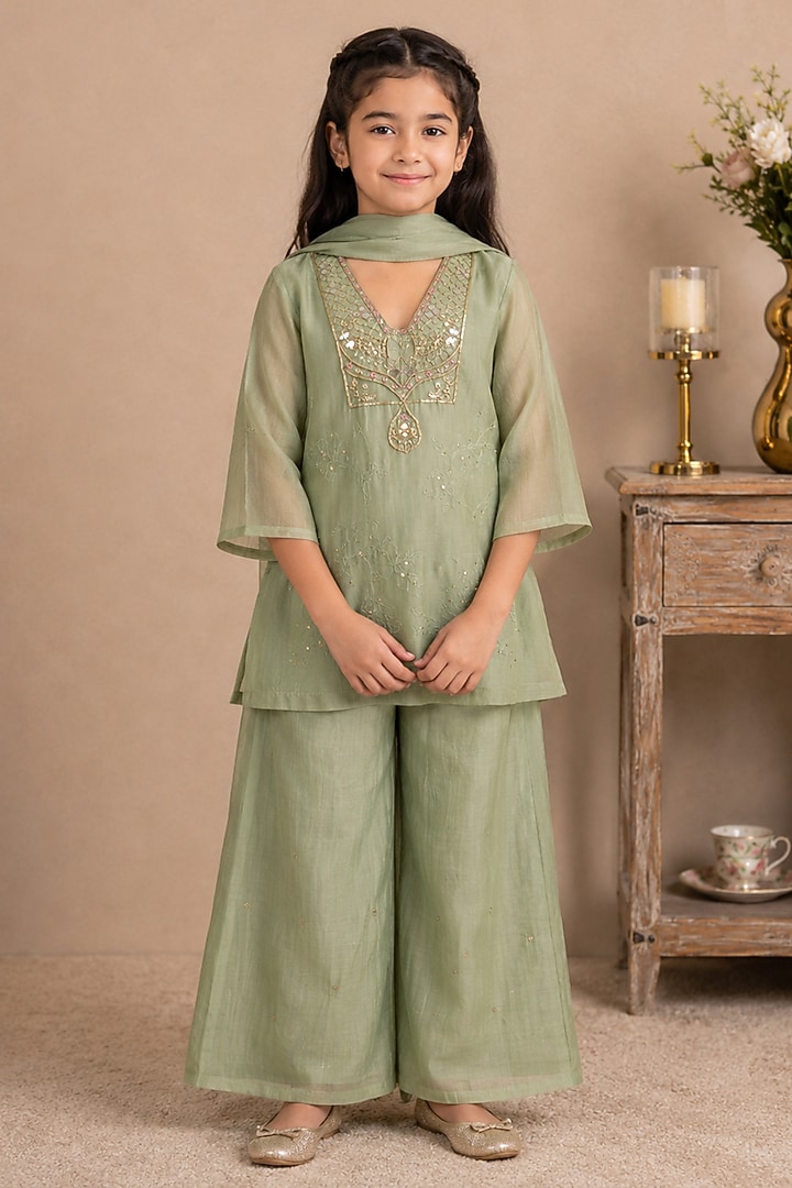 Sea Green Silk Cotton Hand Embroidered Co-Ord Set For Girls by Tatwa Kids at Pernia's Pop Up Shop