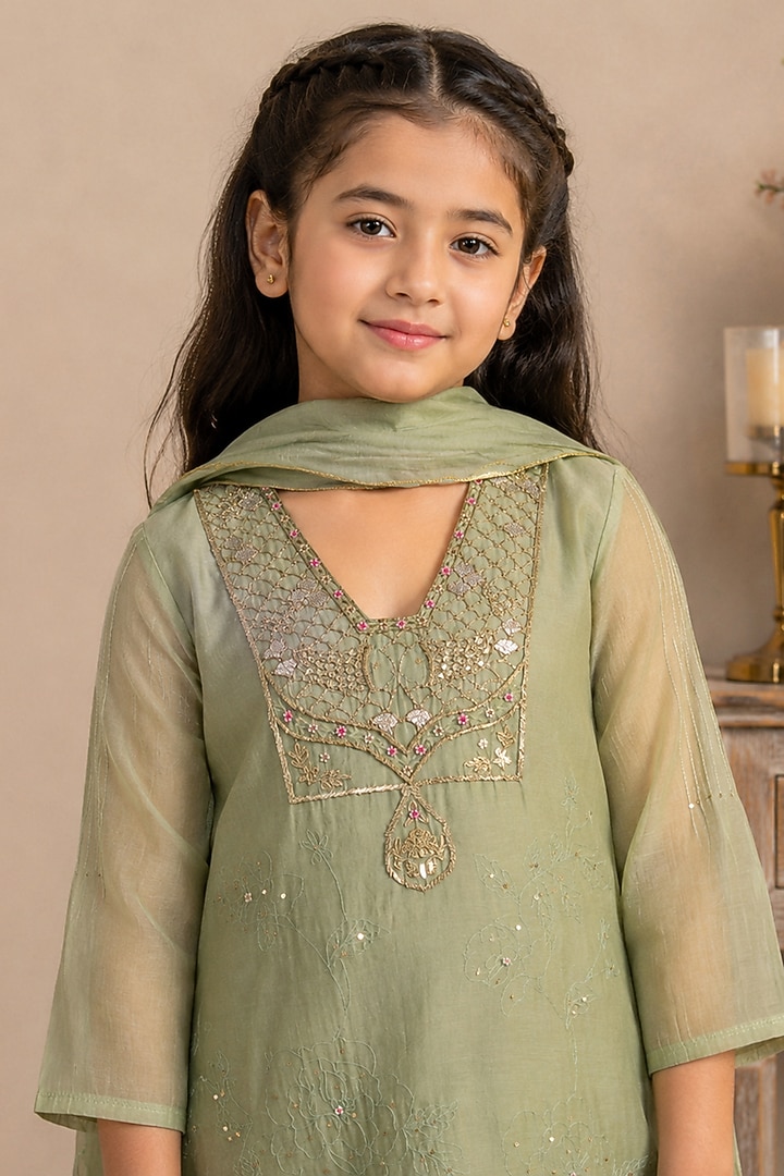 Sea Green Silk Cotton Hand Embroidered Co-Ord Set For Girls by Tatwa Kids at Pernia's Pop Up Shop