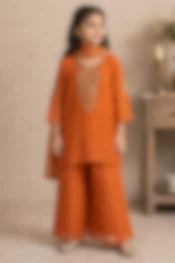 Rust Orange Silk Cotton Hand Embroidered Co-Ord Set For Girls by Tatwa Kids at Pernia's Pop Up Shop